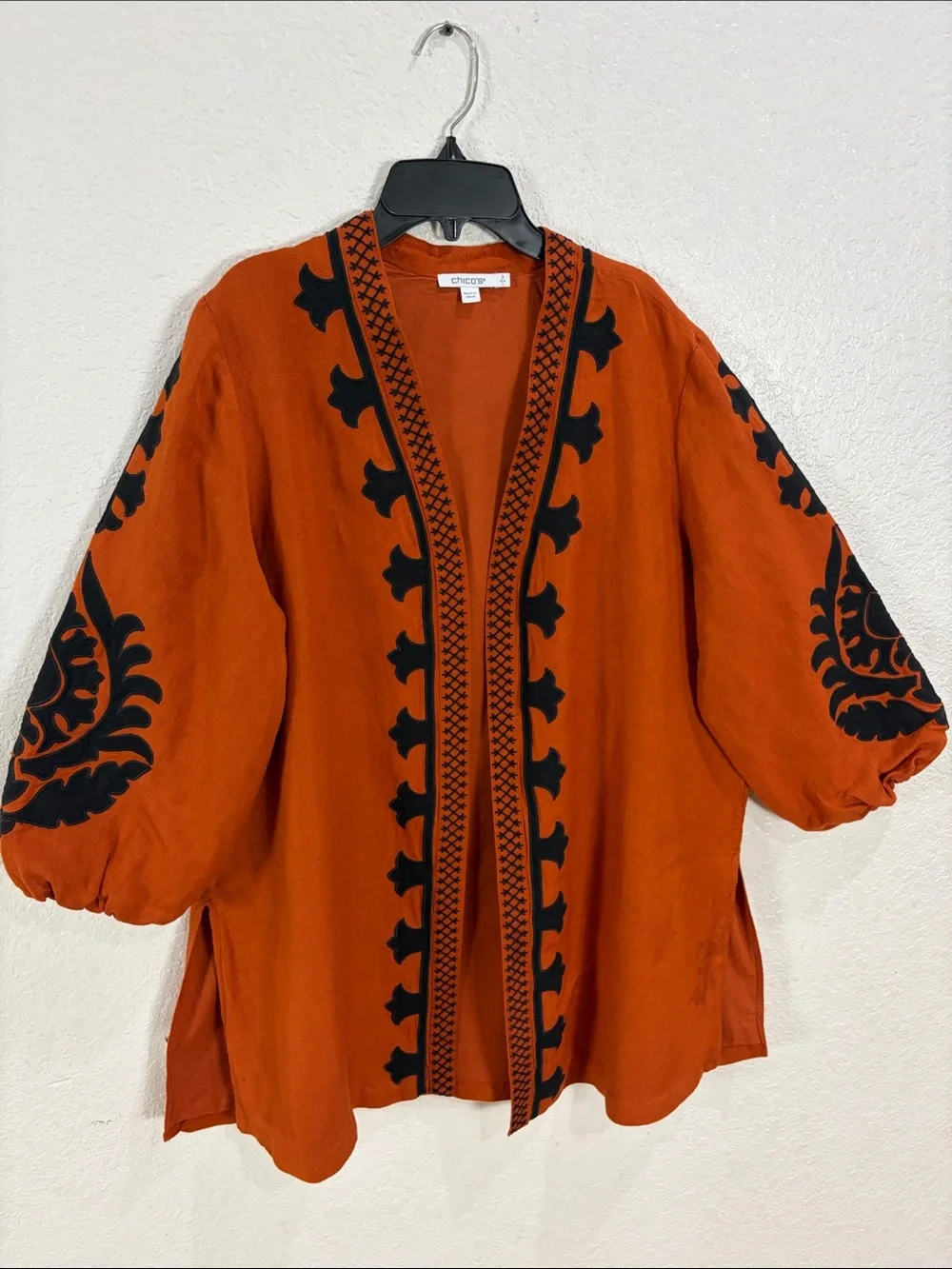 Chico's Burnt Orange Open Embroidered Cardigan with Black Motifs,Size L
